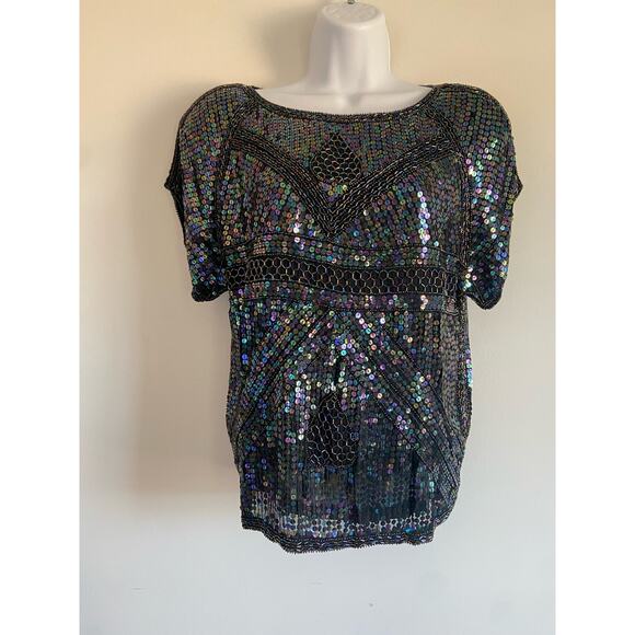 Vintage Silk SequinTop Black Iridescent Short Sleeve Blouse Party Art Deco NYE - Picture 1 of 6